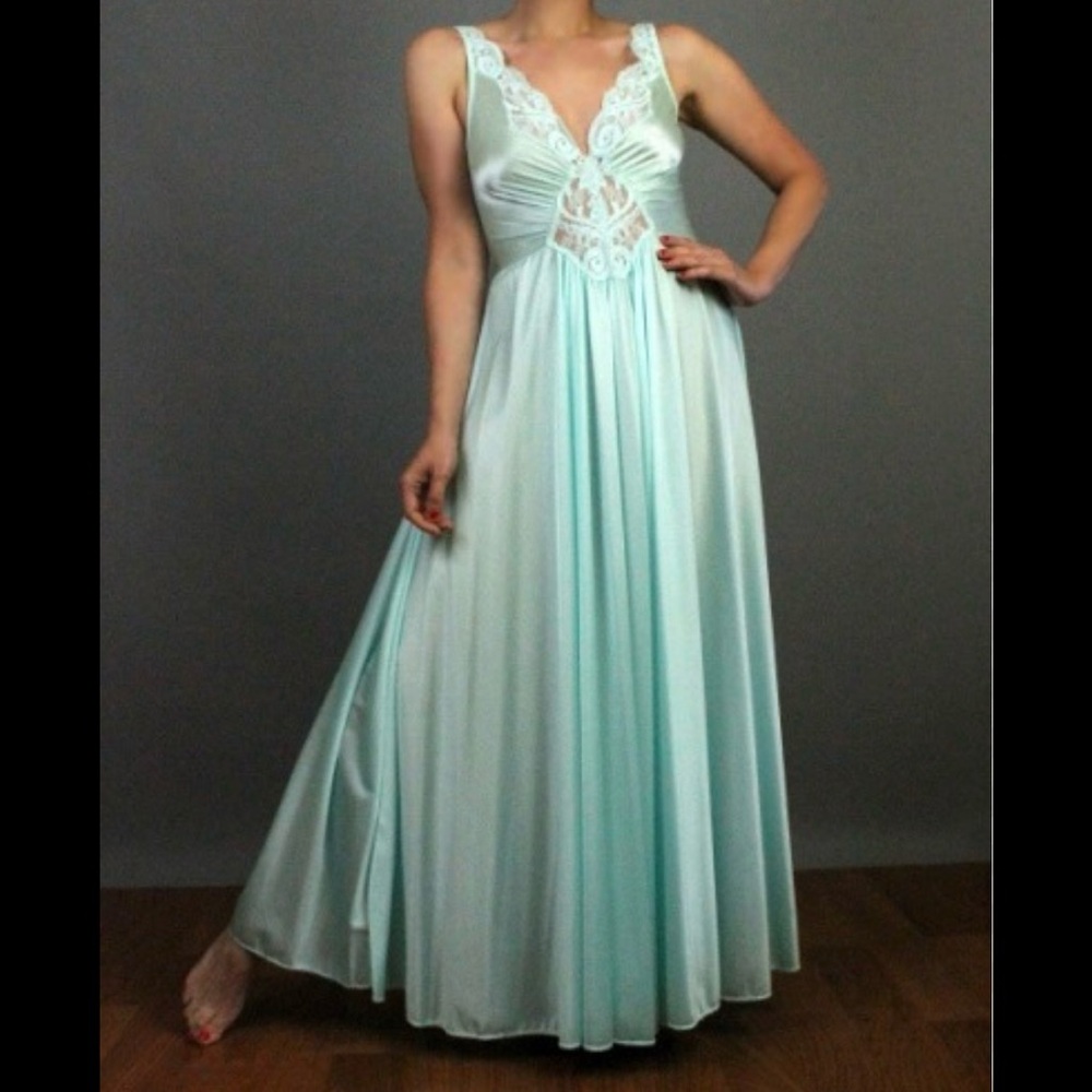 M Vintage 70s Olga Teal stretchy satin-like maxi dress nightgown
